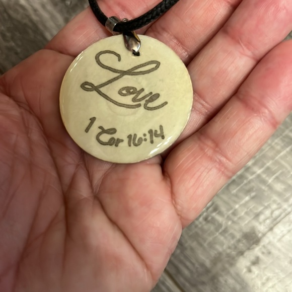 Jesus Pendant Black Necklace Cord Love 1 Cor 16:14 back Jesus Fish Front - Picture 2 of 11